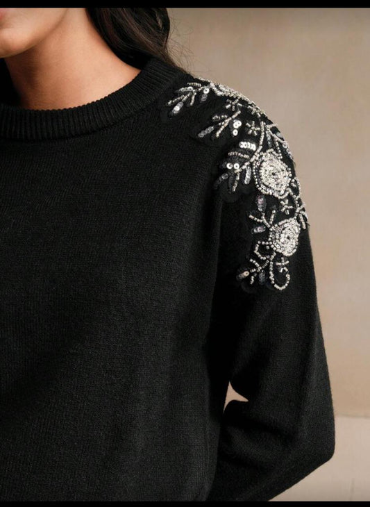 Women’s Black Embellished Shoulder Knit Sweater – Elegant Beaded Floral Detail Pullover