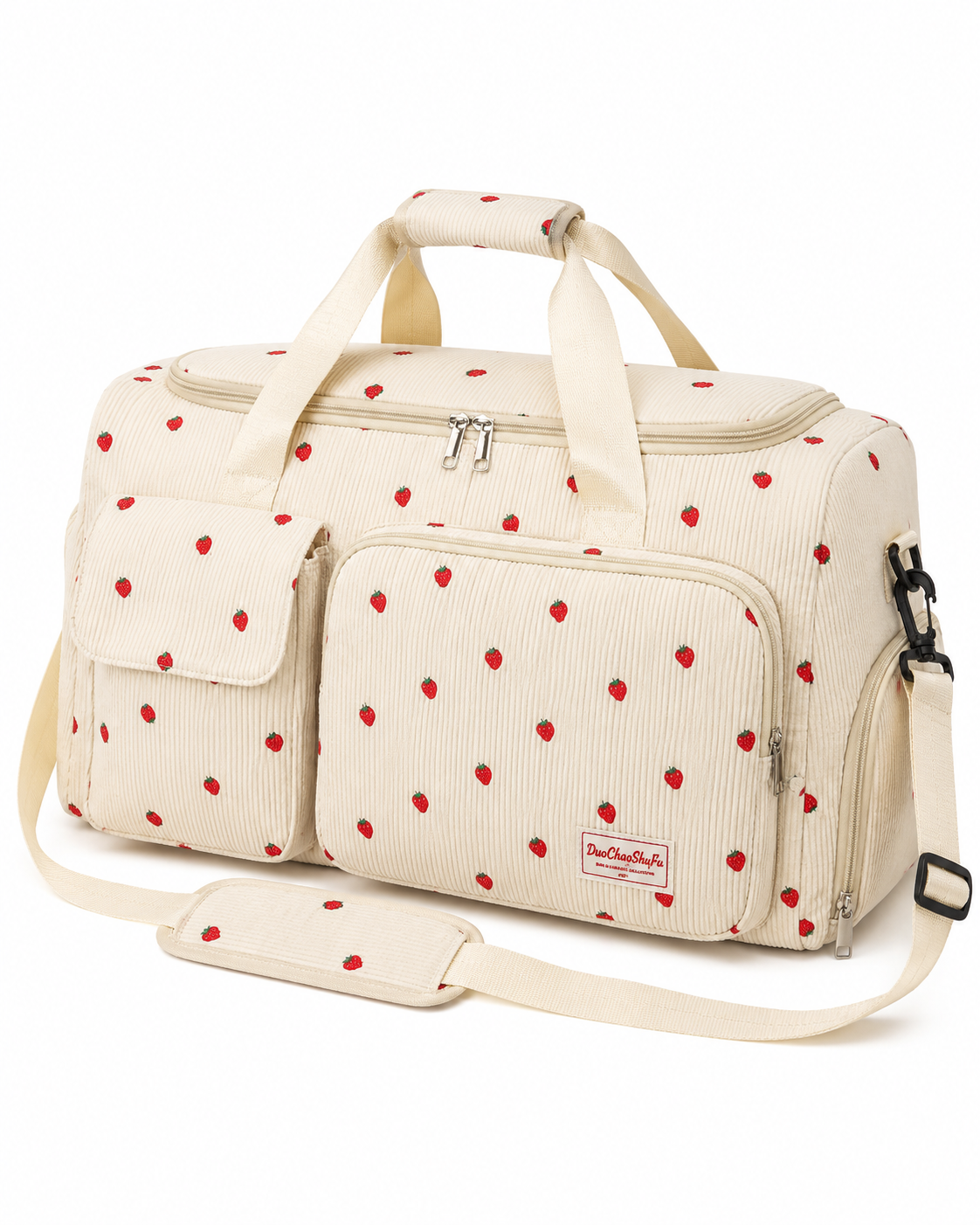 Cream Strawberry Print Corduroy Travel Duffel Bag with Shoulder Strap
