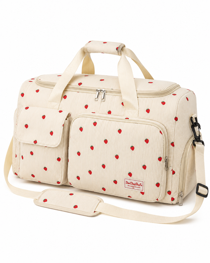 Cream Strawberry Print Corduroy Travel Duffel Bag with Shoulder Strap