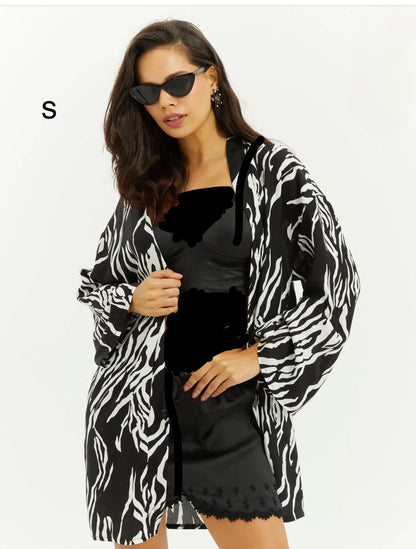 Women’s Black White Zebra Print Open Kimono, Lightweight Beach Cover-Up