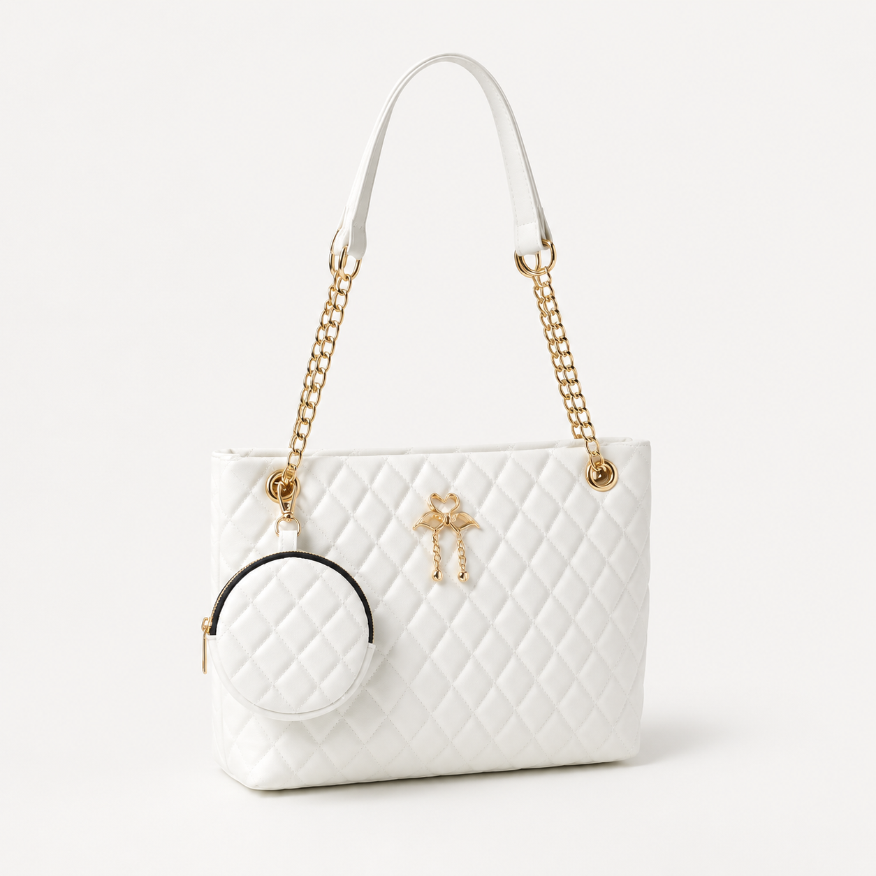White Quilted Chain Tote Bag with Mini Pouch