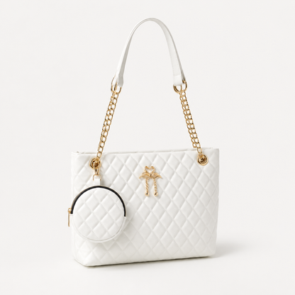White Quilted Chain Tote Bag with Mini Pouch