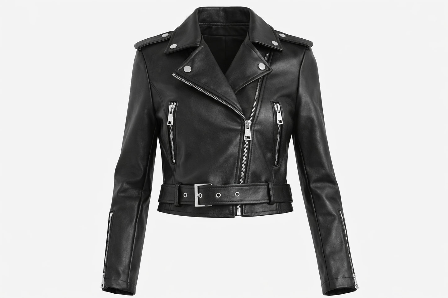 Women’s Black Faux Leather Biker Jacket with Belt – Slim Fit Zip Moto Jacket