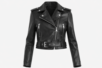 Women’s Black Faux Leather Biker Jacket with Belt – Slim Fit Zip Moto Jacket
