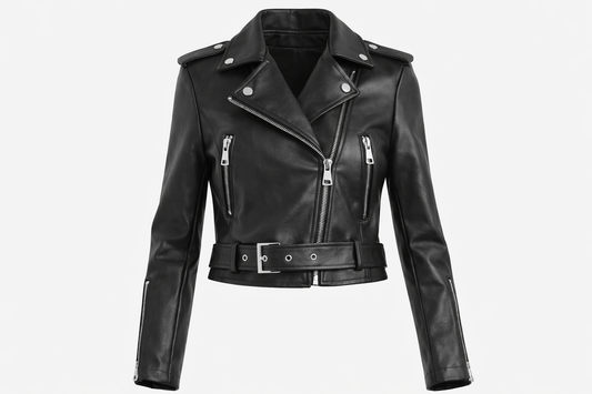 Women’s Black Faux Leather Biker Jacket with Belt – Slim Fit Zip Moto Jacket