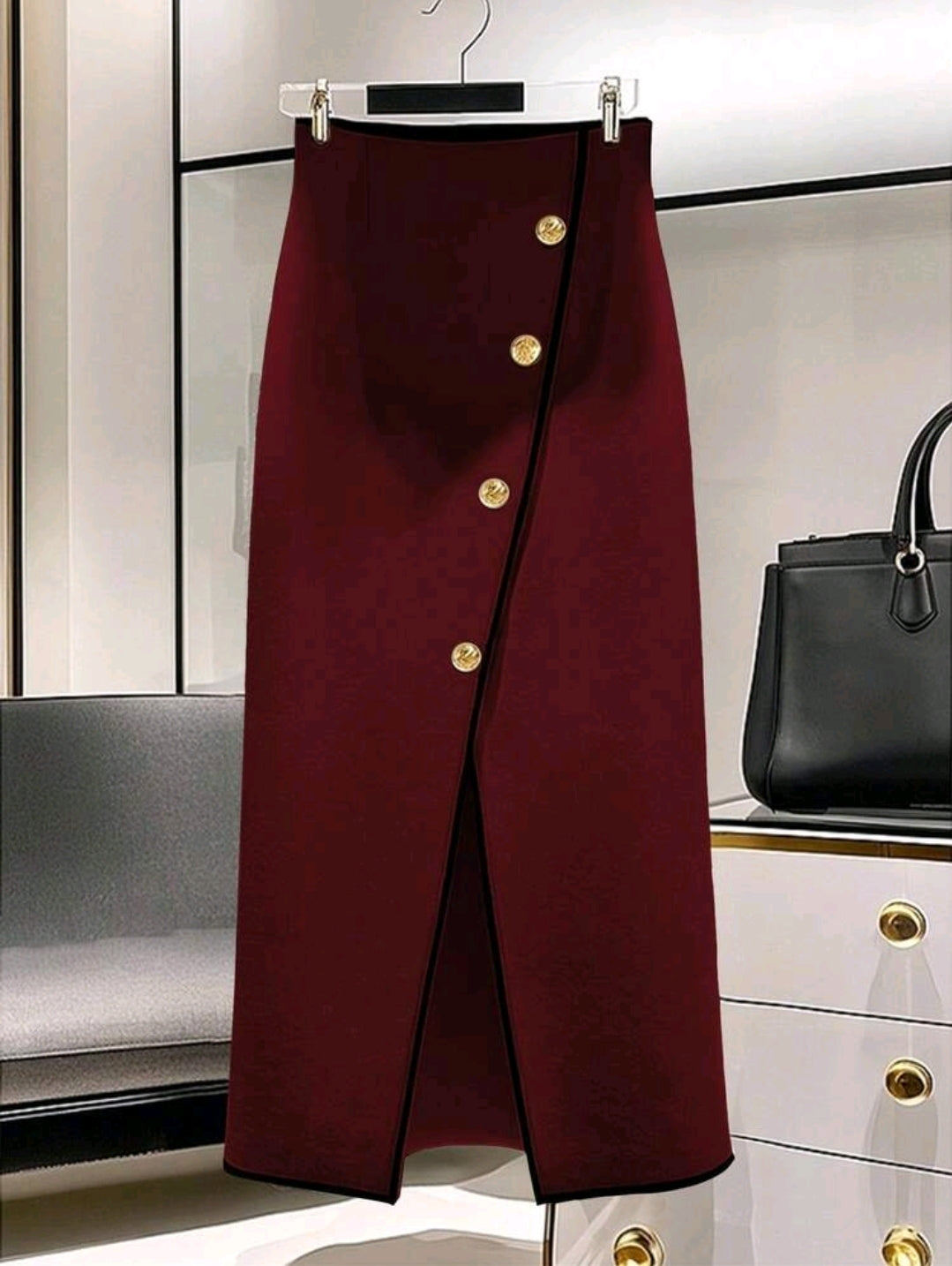 Burgundy High Waist Midi Skirt with Gold Button Detail and Front Slit