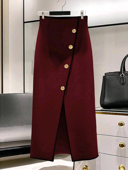 Burgundy High Waist Midi Skirt with Gold Button Detail and Front Slit