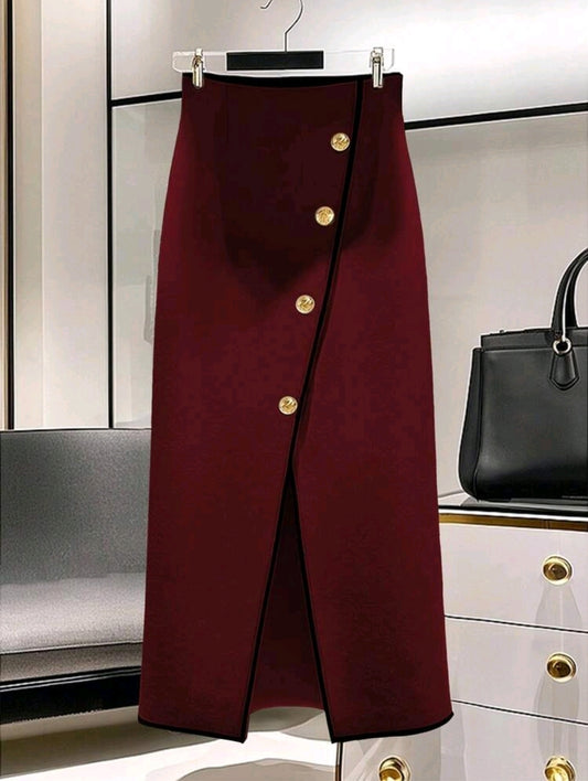 Burgundy High Waist Midi Skirt with Gold Button Detail and Front Slit