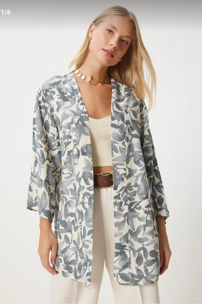 Women’s Grey Floral Open Front Kimono – Trendyol Lightweight Longline Cardigan