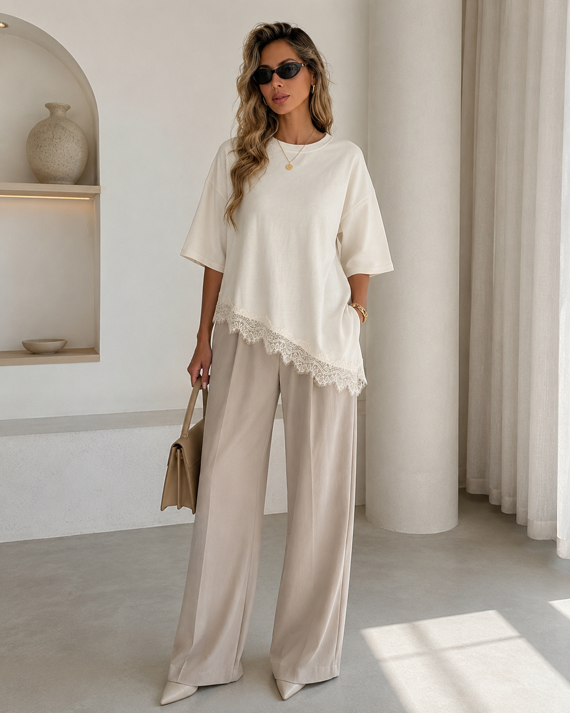 SHEIN Fast Delivery Apricot Lace Hem T-Shirt Top – Soft Cotton Casual Blouse