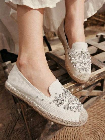 White Slip-On Espadrille Flats for Women with Crystal Embellished Front Detail