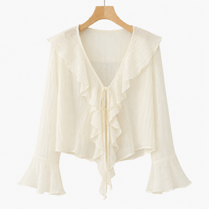 SHEIN Frenchy Women’s Ivory Sheer Ruffle Tie Front Blouse – Lyocell Blend Long Sleeve Top, SHEIN Fast Delivery in 5 Days