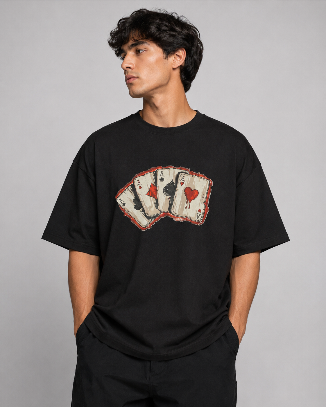 Men’s Black Playing Cards Graphic Cotton T-Shirt, Short Sleeve Casual Top