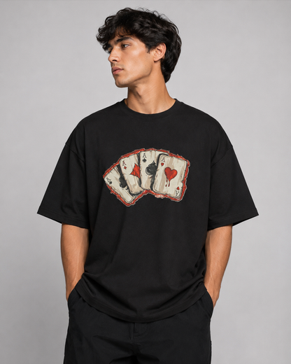 Men’s Black Playing Cards Graphic Cotton T-Shirt, Short Sleeve Casual Top