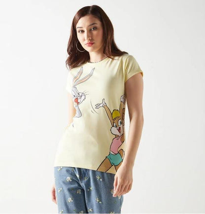 Women’s Splash Bugs Bunny Graphic T-Shirt – Light Yellow Short Sleeve Casual Top