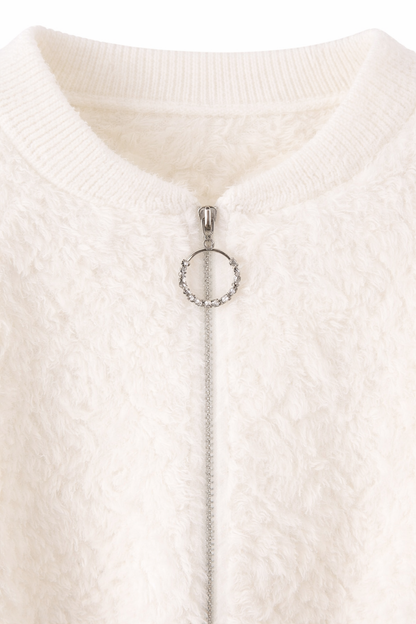 Women’s White Fuzzy Zip-Up Cardigan – Soft Fluffy Long Sleeve Winter Jacket – Cozy Short Knit Outerwear
