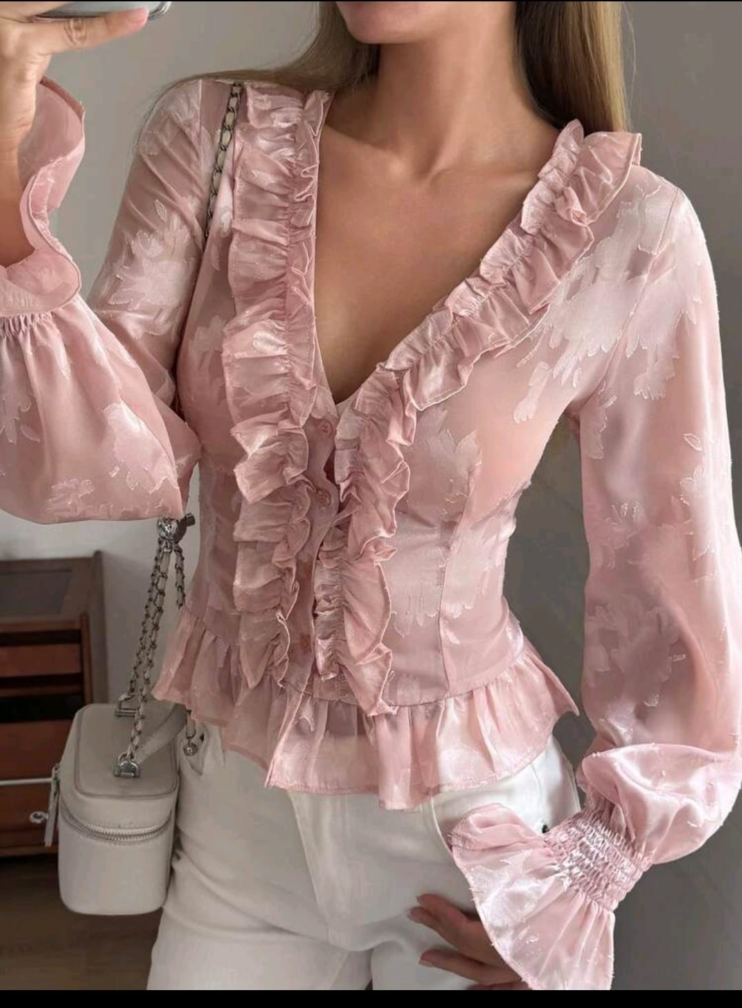 SHEIN Women Pink Ruffle V Neck Long Sleeve Blouse