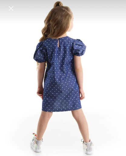Girls’ Denokids Blue Polka Dot Cat Dress – Short Puff Sleeve Cotton Dress