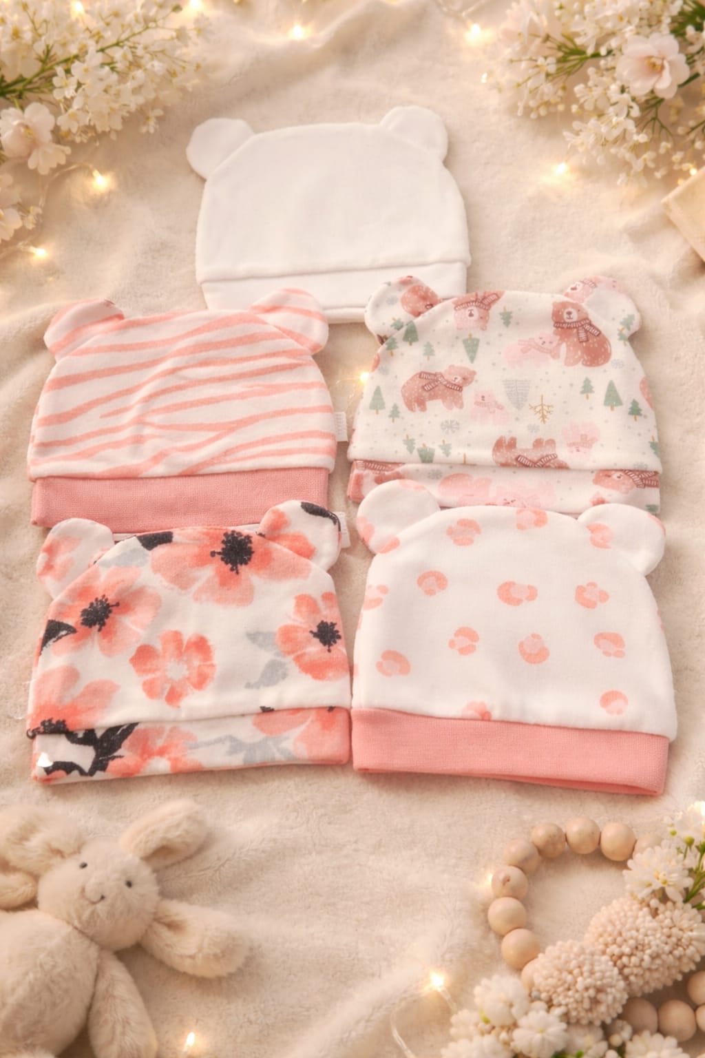 Baby Cotton Bear Ear Hat Set – 5 Pieces Newborn Cap Collection