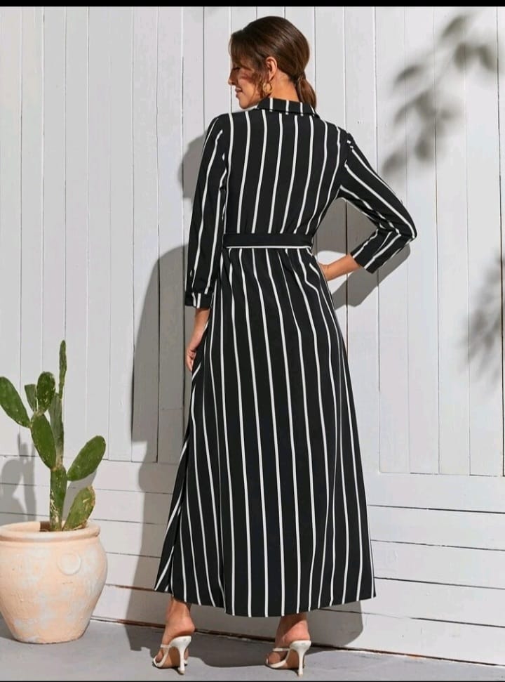 Women Striped Shirt Maxi Dress – Button Front Long Sleeve Casual Elegant Dress
