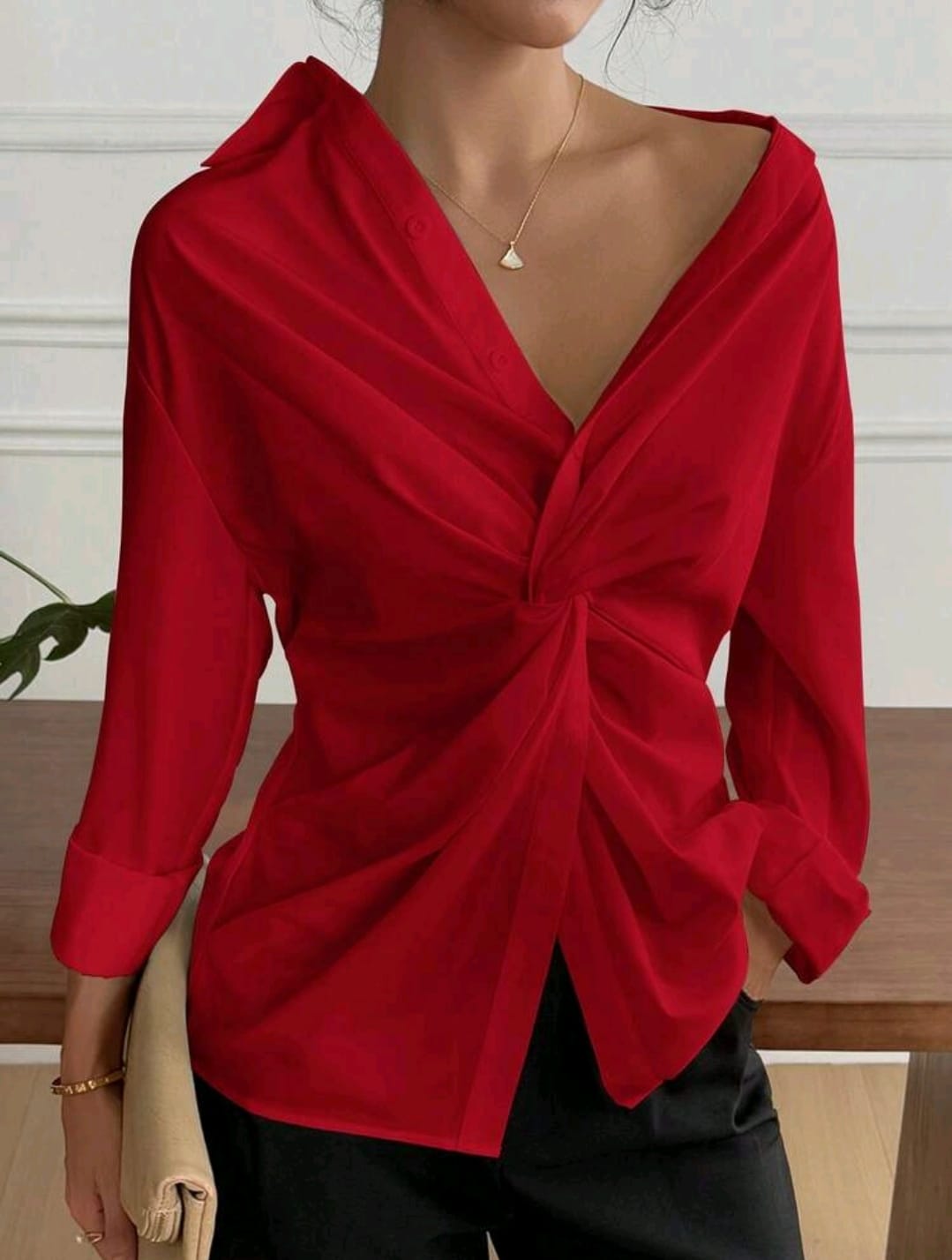 SHEIN Women Red Twist Front Long Sleeve Blouse