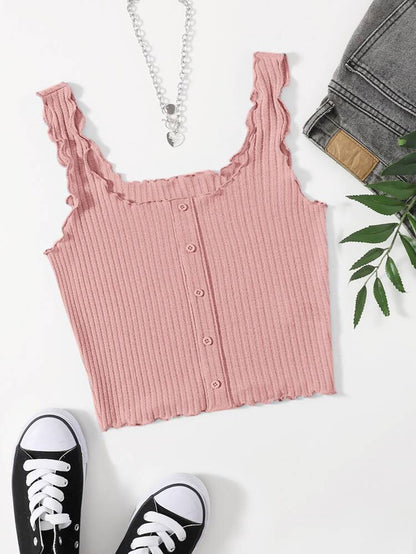 Women’s Dusty Pink Ribbed Button Front Cami Top – Ruffle Strap Casual Summer Tank Top