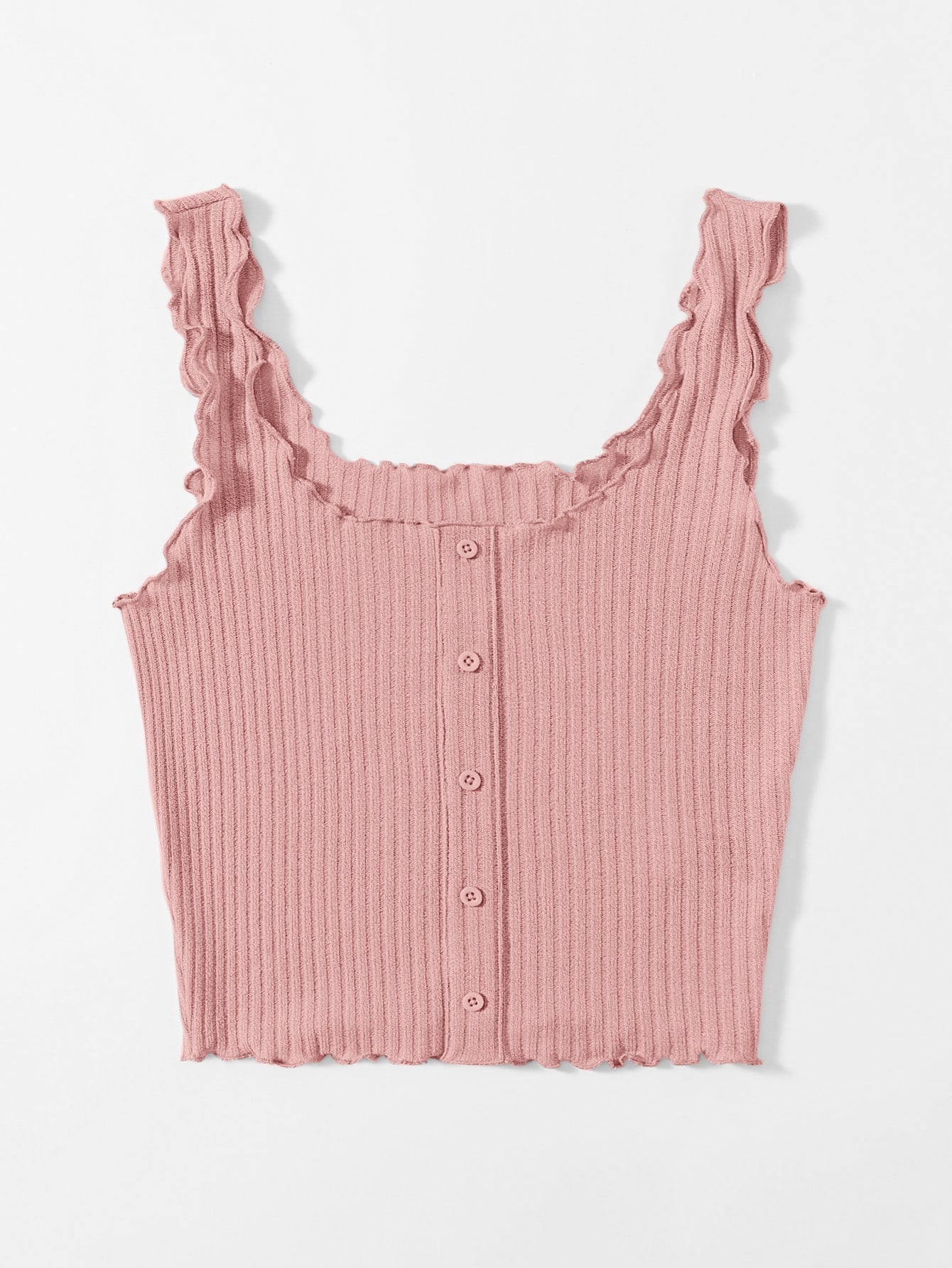 Women’s Pink Ribbed Ruffle Strap Button Tank Top