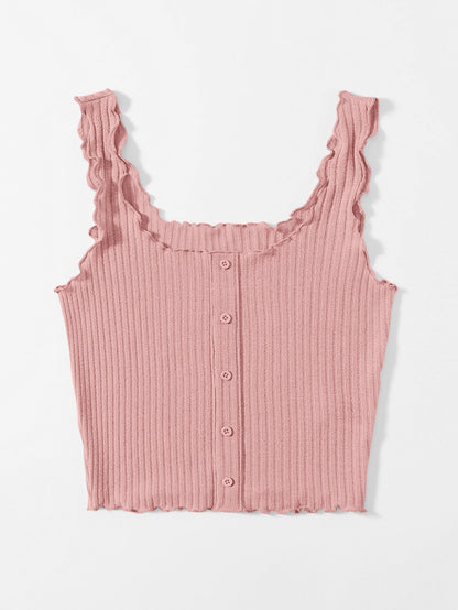 Women’s Pink Ribbed Ruffle Strap Button Tank Top