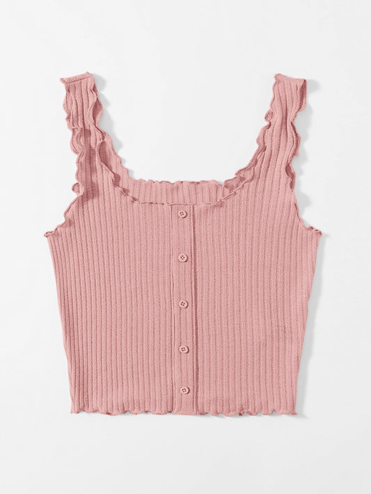 Women’s Pink Ribbed Ruffle Strap Button Tank Top