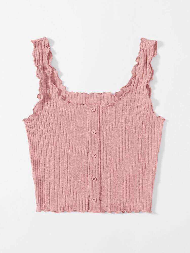 Women’s Dusty Pink Ribbed Button Front Cami Top – Ruffle Strap Casual Summer Tank Top
