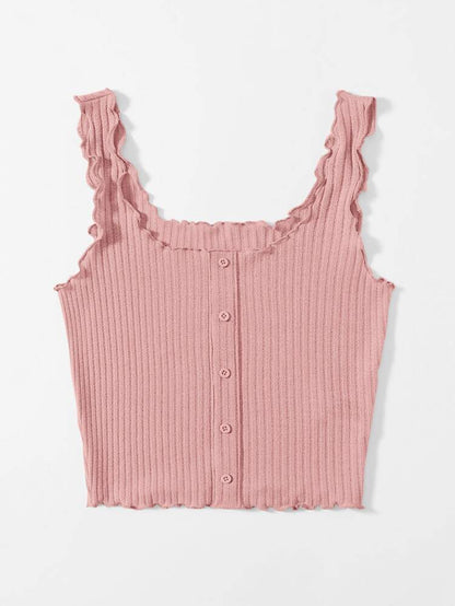 Women’s Dusty Pink Ribbed Button Front Cami Top – Ruffle Strap Casual Summer Tank Top