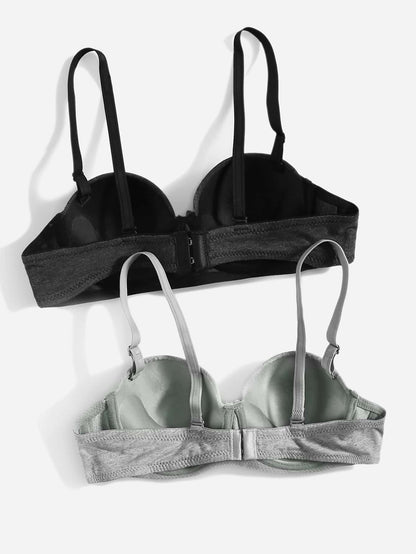 Women’s Cotton Blend Everyday Bra 2 Piece Set – Padded Support Bra Pack – Black & Light Gray Comfortable Essential Bras