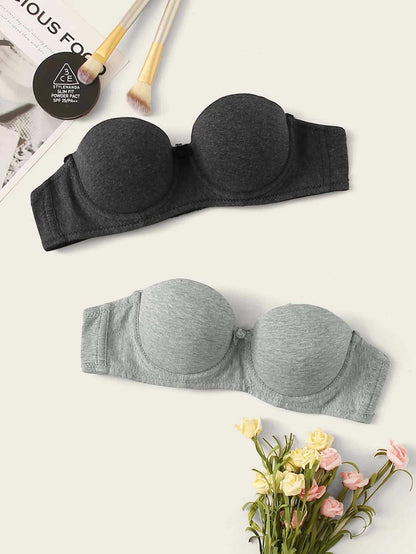 Women’s Cotton Blend Everyday Bra 2 Piece Set – Padded Support Bra Pack – Black & Light Gray Comfortable Essential Bras