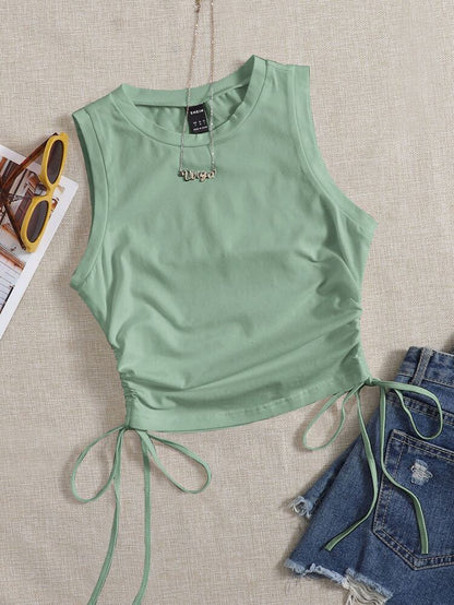 Women’s Sage Green Drawstring Side Crop Top – Sleeveless Ruched Casual Summer Tank Top