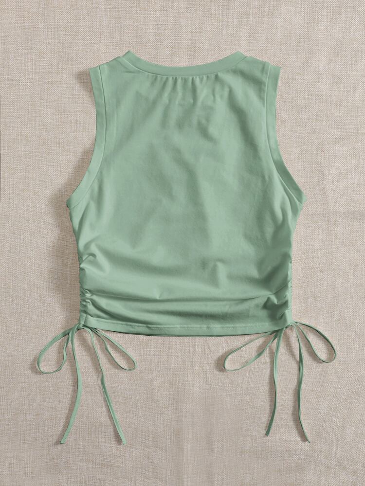 Women’s Sage Green Drawstring Side Crop Top – Sleeveless Ruched Casual Summer Tank Top