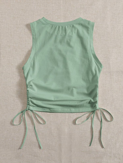 Women’s Sage Green Drawstring Side Crop Top – Sleeveless Ruched Casual Summer Tank Top