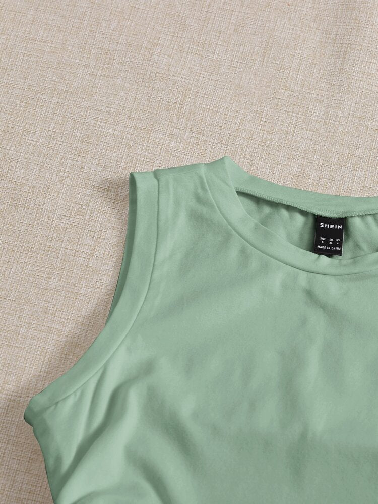 Women’s Sage Green Drawstring Side Crop Top – Sleeveless Ruched Casual Summer Tank Top