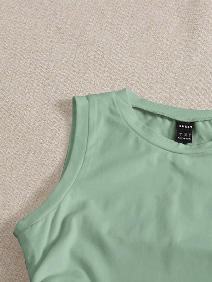 Women’s Sage Green Drawstring Side Crop Top – Sleeveless Ruched Casual Summer Tank Top
