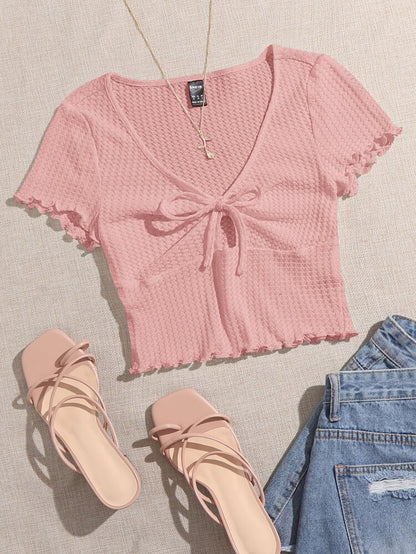 Women’s Dusty Pink Tie Front Waffle Knit Crop Top – Short Sleeve Feminine Summer Blouse