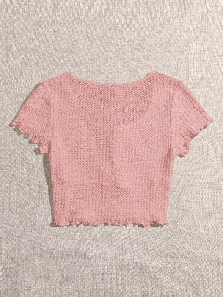 Women’s Dusty Pink Tie Front Waffle Knit Crop Top – Short Sleeve Feminine Summer Blouse