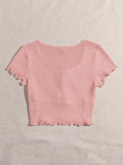 Women’s Dusty Pink Tie Front Waffle Knit Crop Top – Short Sleeve Feminine Summer Blouse