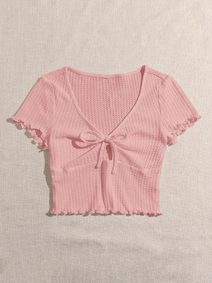 Women’s Dusty Pink Tie Front Waffle Knit Crop Top – Short Sleeve Feminine Summer Blouse