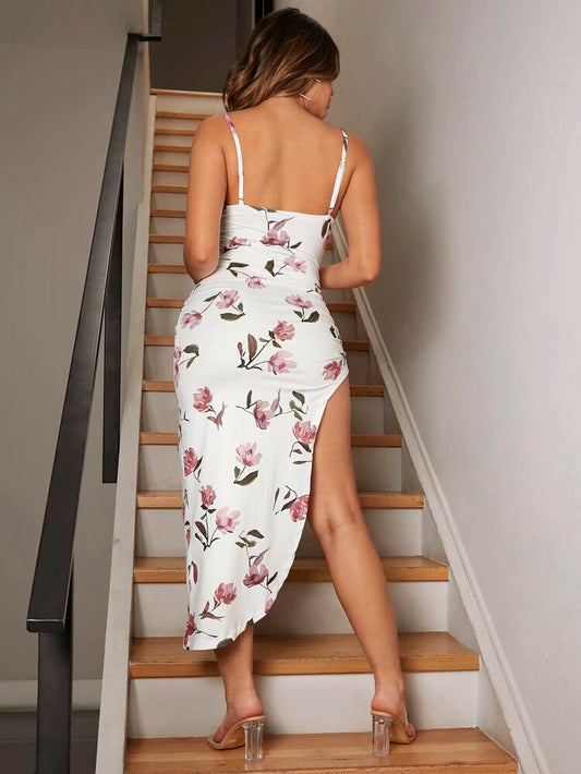White Floral Ruched Drawstring Slit Maxi Dress – Spaghetti Strap Bodycon Party Dress for Women