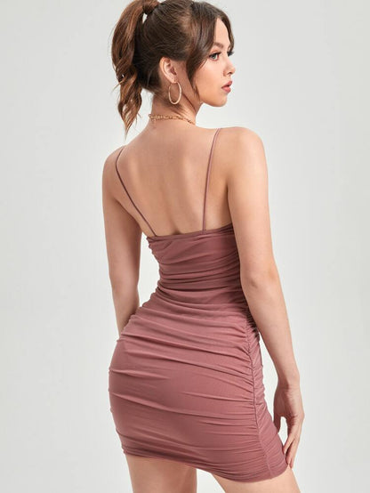Dusty Rose Ruched Bodycon Mini Dress – Spaghetti Strap Slim Fit Party Dress for Women