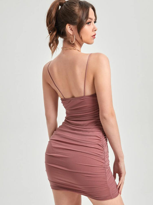 Dusty Rose Ruched Bodycon Mini Dress – Spaghetti Strap Slim Fit Party Dress for Women
