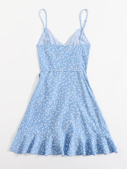 Blue Heart Print Ruffle Wrap Mini Dress – Spaghetti Strap Tie Side Summer Dress for Women