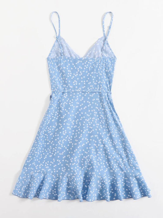 Blue Heart Print Ruffle Wrap Mini Dress – Spaghetti Strap Tie Side Summer Dress for Women