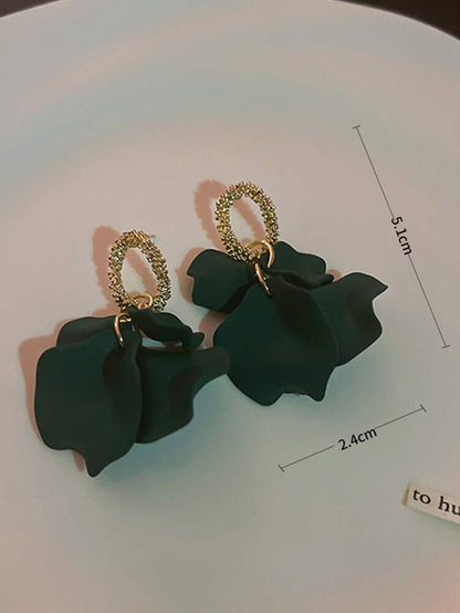 Dark Green Abstract Drop Earrings – Gold Textured Oval Stud Earrings – Statement Women Fashion Jewelry