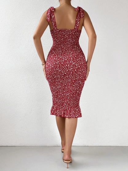 Red Floral Smocked Tie Strap Midi Dress – Bodycon Sleeveless Ruffle Hem Summer Dress for Women
