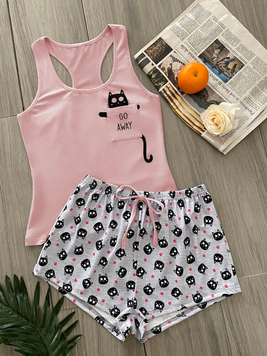 Women’s Pink Cat Print Tank & Shorts Pajama Set – Cute Cartoon Two Piece Sleepwear Set